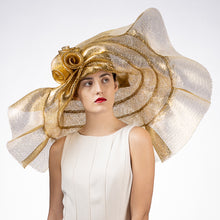 Load image into Gallery viewer, Wide Ruffled Rose Decor Wide Metallic Women&#39;s Hat